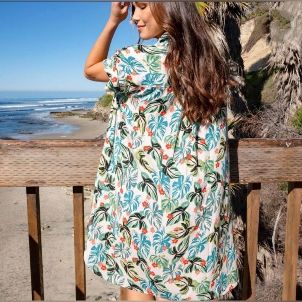 Lost + Wander | Tropical Print Short Sleeve Shirt Dress